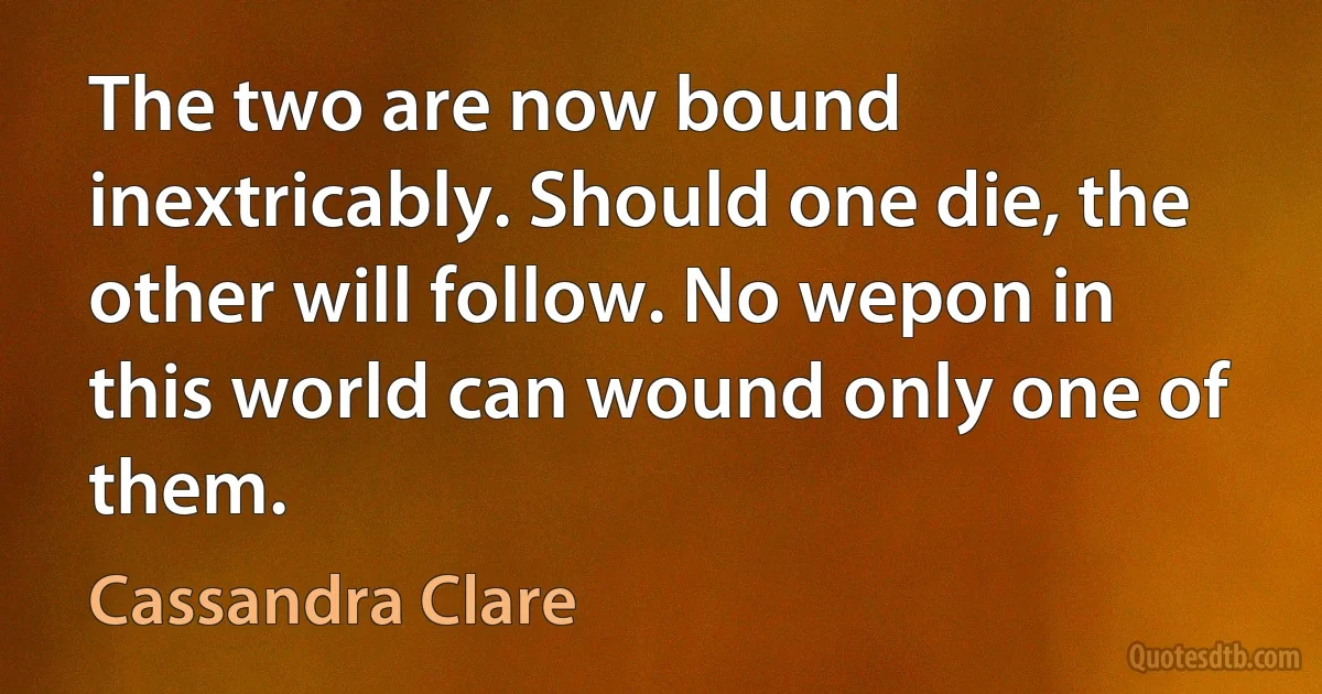 The two are now bound inextricably. Should one die, the other will follow. No wepon in this world can wound only one of them. (Cassandra Clare)