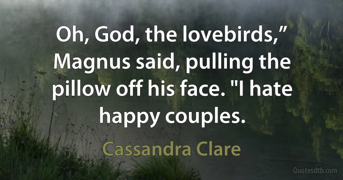 Oh, God, the lovebirds,” Magnus said, pulling the pillow off his face. "I hate happy couples. (Cassandra Clare)