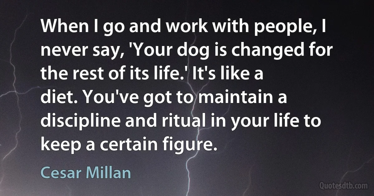 When I go and work with people, I never say, 'Your dog is changed for the rest of its life.' It's like a diet. You've got to maintain a discipline and ritual in your life to keep a certain figure. (Cesar Millan)