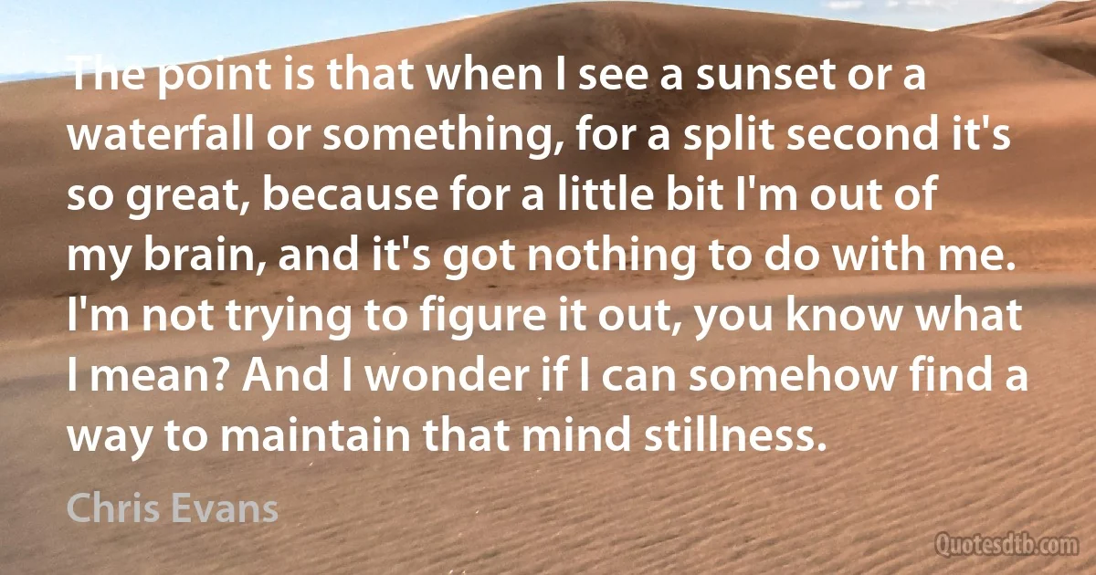 The point is that when I see a sunset or a waterfall or something, for a split second it's so great, because for a little bit I'm out of my brain, and it's got nothing to do with me. I'm not trying to figure it out, you know what I mean? And I wonder if I can somehow find a way to maintain that mind stillness. (Chris Evans)