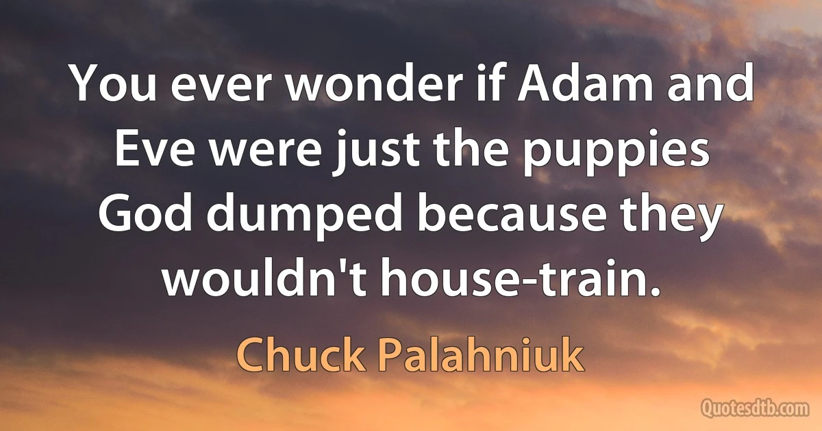 You ever wonder if Adam and Eve were just the puppies God dumped because they wouldn't house-train. (Chuck Palahniuk)