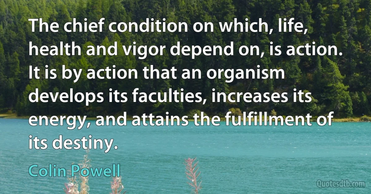 The chief condition on which, life, health and vigor depend on, is action. It is by action that an organism develops its faculties, increases its energy, and attains the fulfillment of its destiny. (Colin Powell)