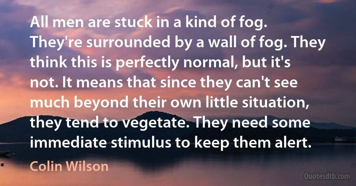 All men are stuck in a kind of fog. They're surrounded by a wall of fog. They think this is perfectly normal, but it's not. It means that since they can't see much beyond their own little situation, they tend to vegetate. They need some immediate stimulus to keep them alert. (Colin Wilson)