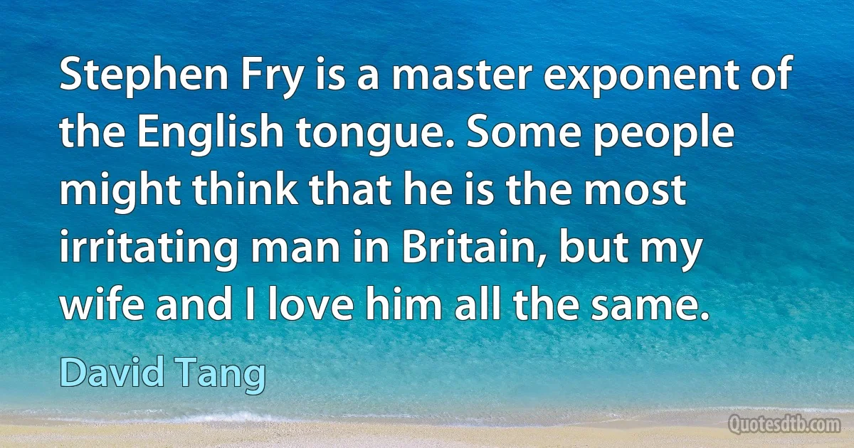 Stephen Fry is a master exponent of the English tongue. Some people might think that he is the most irritating man in Britain, but my wife and I love him all the same. (David Tang)