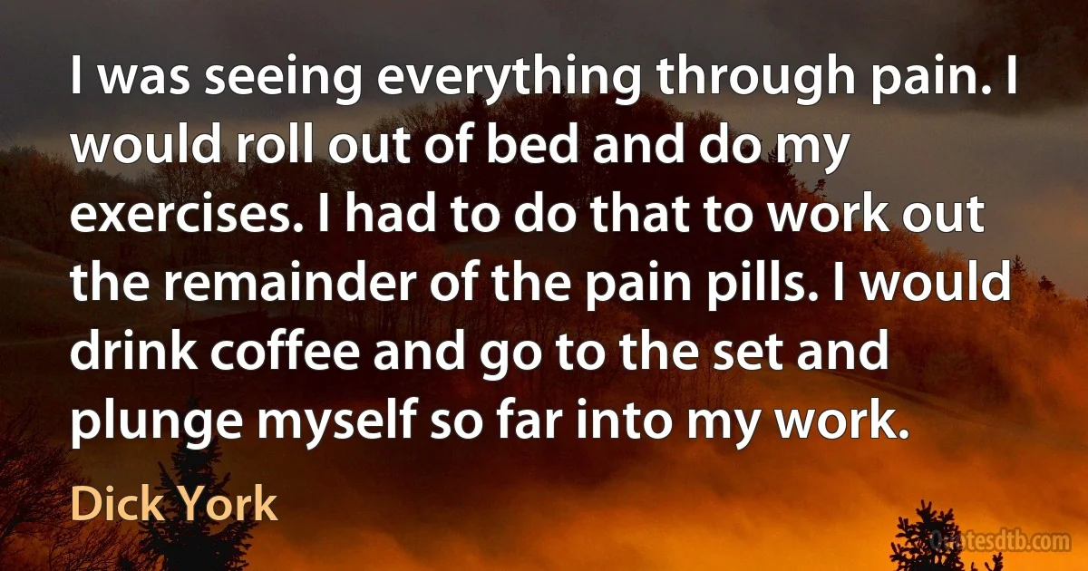 I was seeing everything through pain. I would roll out of bed and do my exercises. I had to do that to work out the remainder of the pain pills. I would drink coffee and go to the set and plunge myself so far into my work. (Dick York)