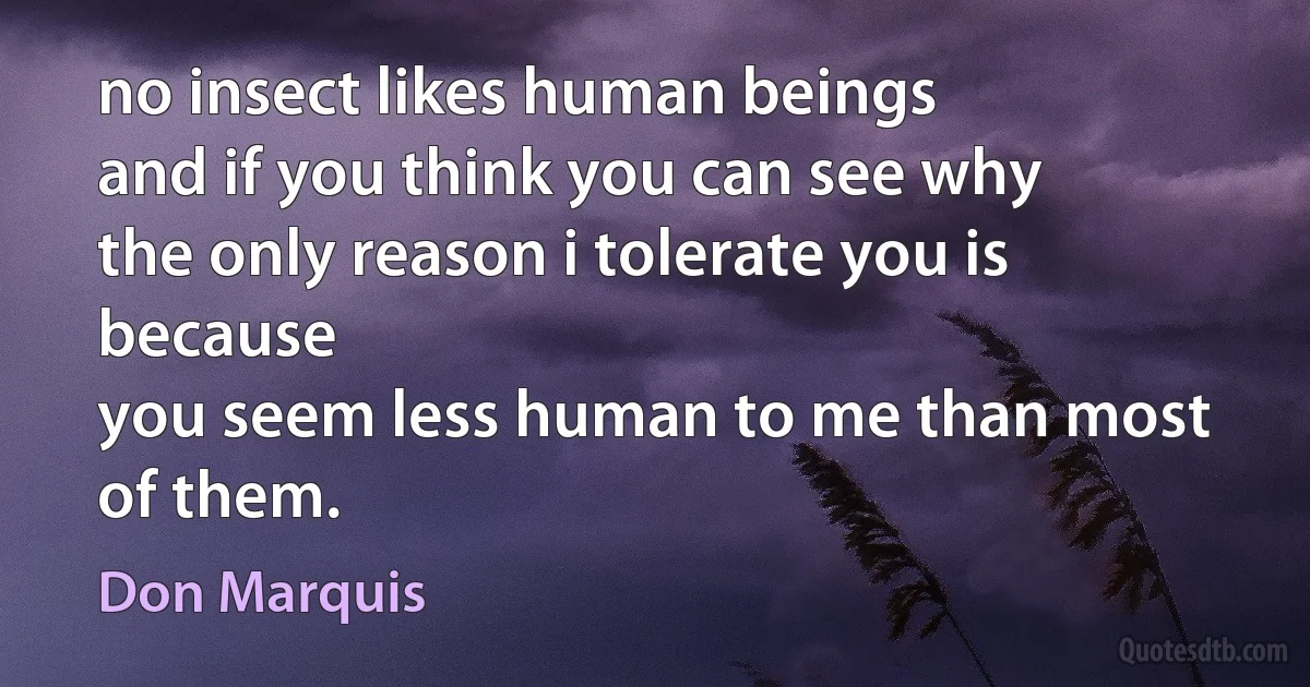 no insect likes human beings
and if you think you can see why
the only reason i tolerate you is because
you seem less human to me than most of them. (Don Marquis)