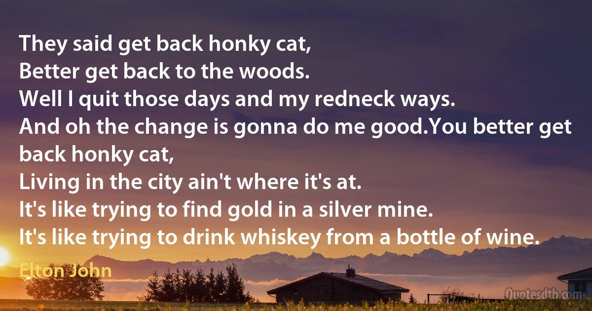 They said get back honky cat,
Better get back to the woods.
Well I quit those days and my redneck ways.
And oh the change is gonna do me good.You better get back honky cat,
Living in the city ain't where it's at.
It's like trying to find gold in a silver mine.
It's like trying to drink whiskey from a bottle of wine. (Elton John)