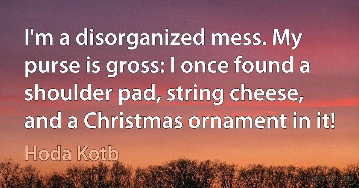 I'm a disorganized mess. My purse is gross: I once found a shoulder pad, string cheese, and a Christmas ornament in it! (Hoda Kotb)