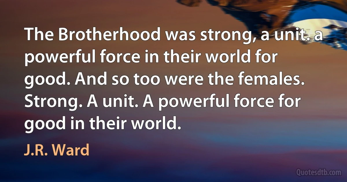 The Brotherhood was strong, a unit. a powerful force in their world for good. And so too were the females. Strong. A unit. A powerful force for good in their world. (J.R. Ward)