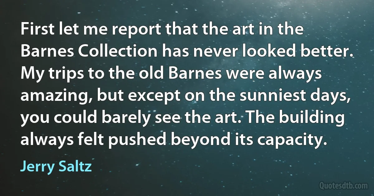 First let me report that the art in the Barnes Collection has never looked better. My trips to the old Barnes were always amazing, but except on the sunniest days, you could barely see the art. The building always felt pushed beyond its capacity. (Jerry Saltz)