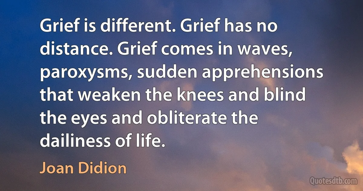 Grief is different. Grief has no distance. Grief comes in waves, paroxysms, sudden apprehensions that weaken the knees and blind the eyes and obliterate the dailiness of life. (Joan Didion)