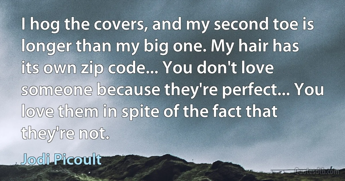 I hog the covers, and my second toe is longer than my big one. My hair has its own zip code... You don't love someone because they're perfect... You love them in spite of the fact that they're not. (Jodi Picoult)