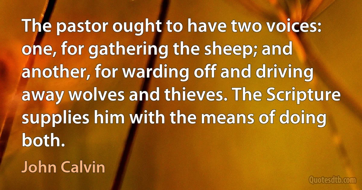 The pastor ought to have two voices: one, for gathering the sheep; and another, for warding off and driving away wolves and thieves. The Scripture supplies him with the means of doing both. (John Calvin)