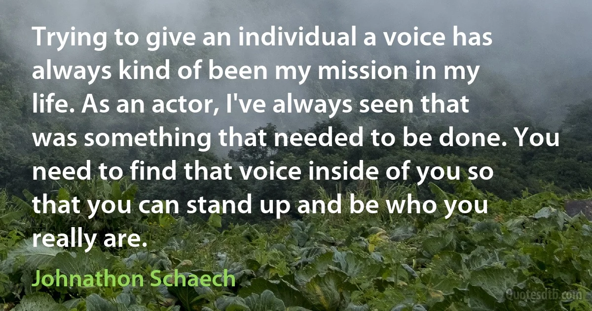 Trying to give an individual a voice has always kind of been my mission in my life. As an actor, I've always seen that was something that needed to be done. You need to find that voice inside of you so that you can stand up and be who you really are. (Johnathon Schaech)