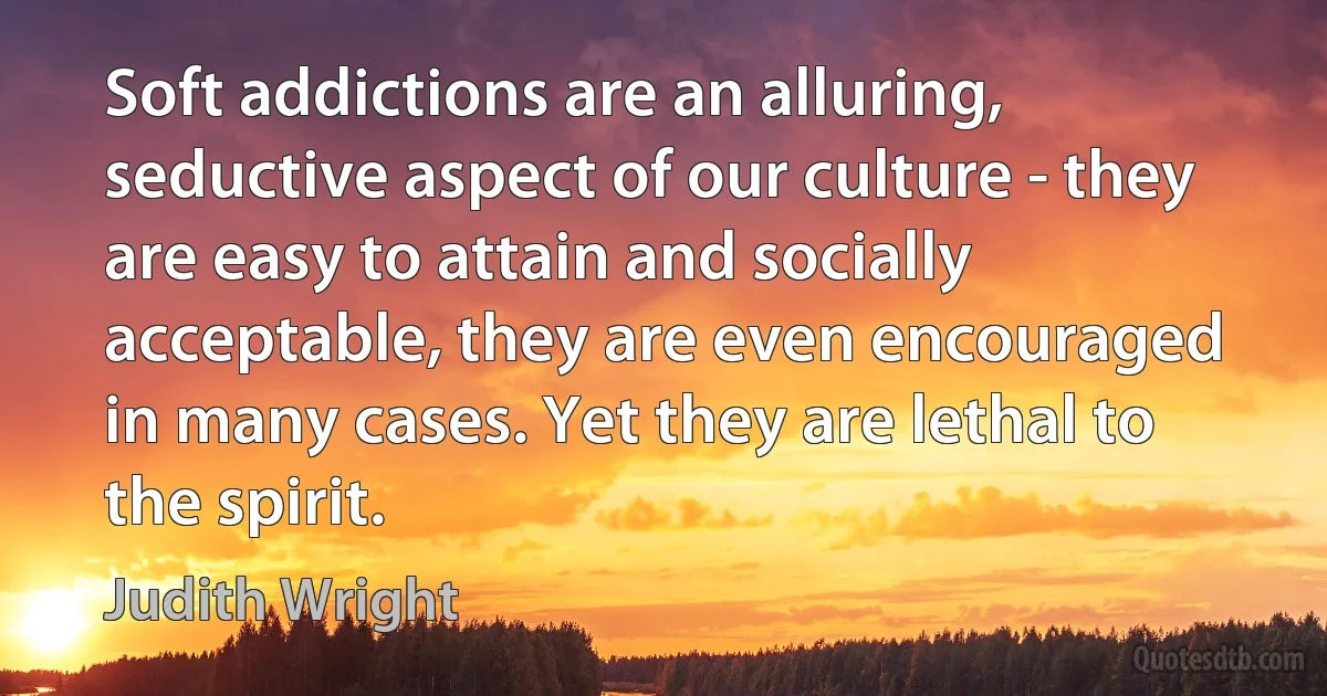 Soft addictions are an alluring, seductive aspect of our culture - they are easy to attain and socially acceptable, they are even encouraged in many cases. Yet they are lethal to the spirit. (Judith Wright)