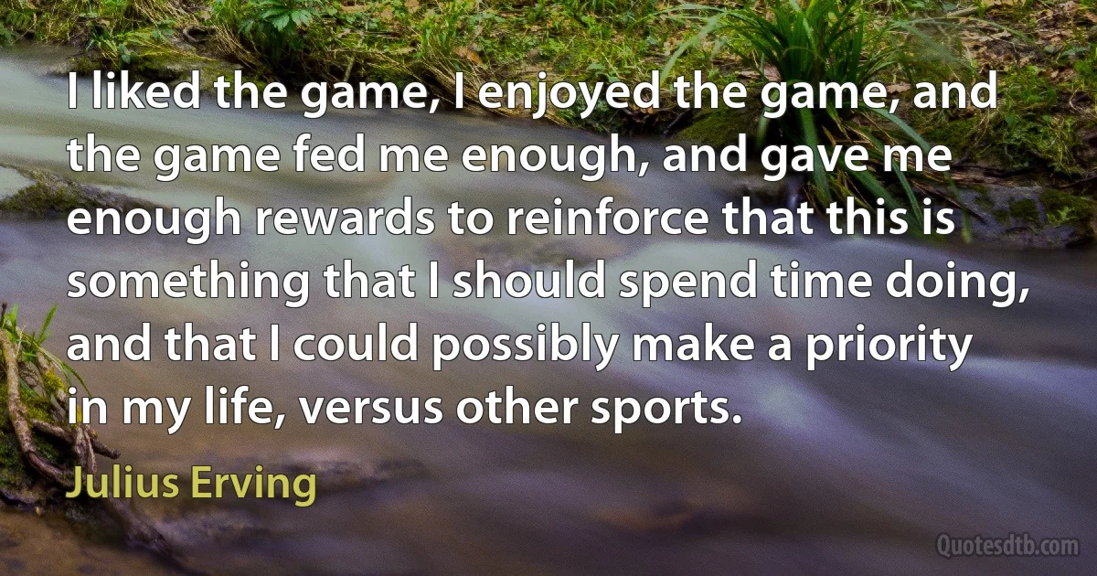 I liked the game, I enjoyed the game, and the game fed me enough, and gave me enough rewards to reinforce that this is something that I should spend time doing, and that I could possibly make a priority in my life, versus other sports. (Julius Erving)