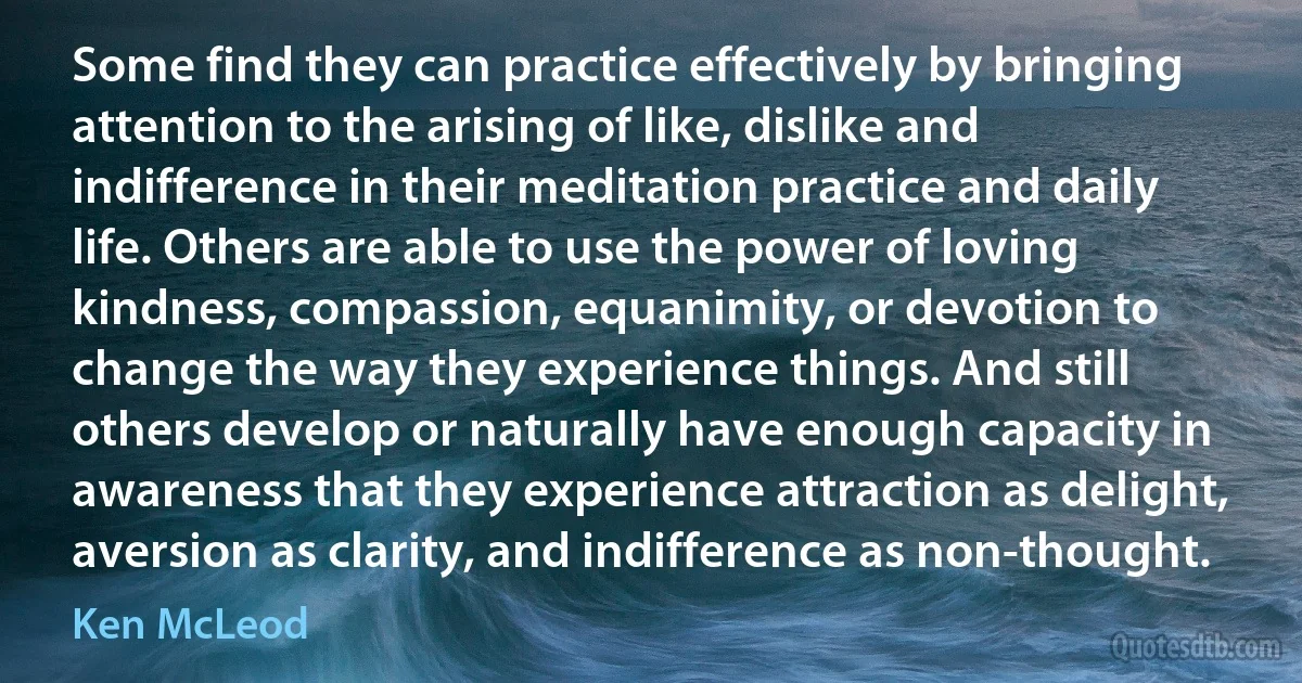 Some find they can practice effectively by bringing attention to the arising of like, dislike and indifference in their meditation practice and daily life. Others are able to use the power of loving kindness, compassion, equanimity, or devotion to change the way they experience things. And still others develop or naturally have enough capacity in awareness that they experience attraction as delight, aversion as clarity, and indifference as non-thought. (Ken McLeod)