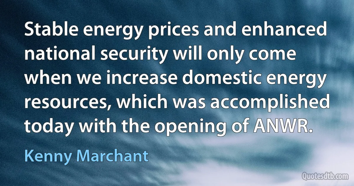 Stable energy prices and enhanced national security will only come when we increase domestic energy resources, which was accomplished today with the opening of ANWR. (Kenny Marchant)