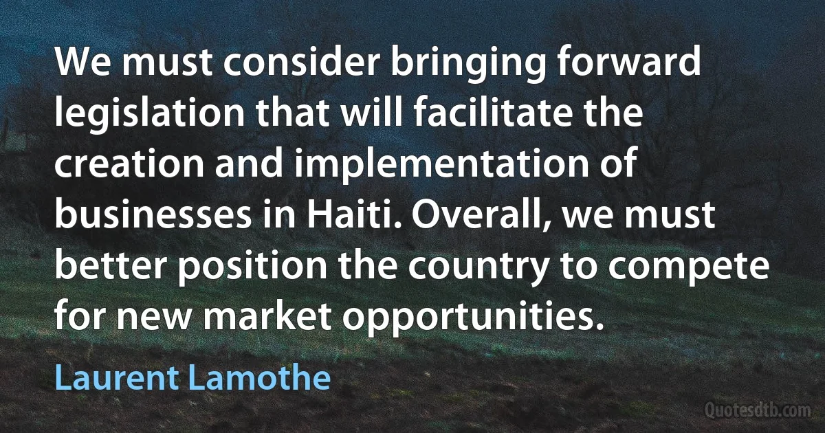 We must consider bringing forward legislation that will facilitate the creation and implementation of businesses in Haiti. Overall, we must better position the country to compete for new market opportunities. (Laurent Lamothe)