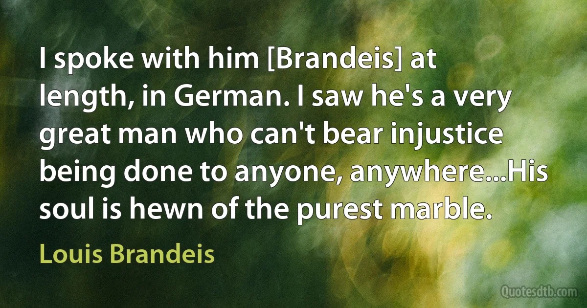 I spoke with him [Brandeis] at length, in German. I saw he's a very great man who can't bear injustice being done to anyone, anywhere...His soul is hewn of the purest marble. (Louis Brandeis)