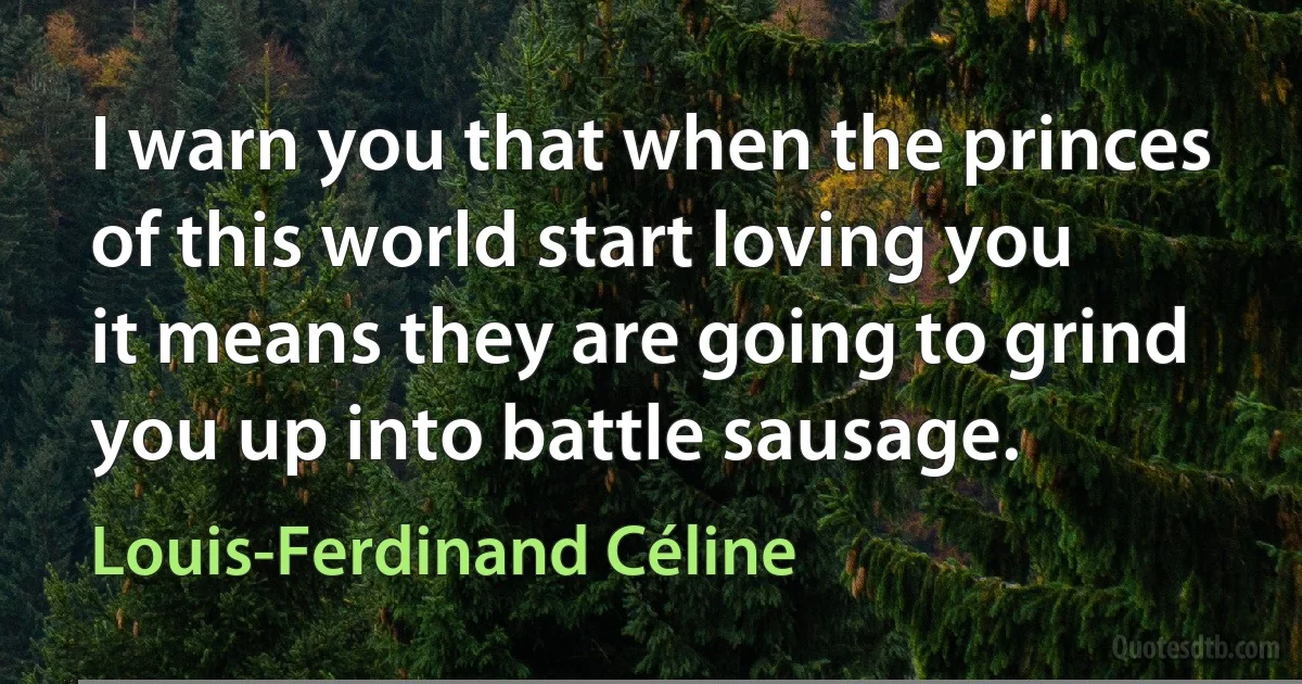 I warn you that when the princes of this world start loving you it means they are going to grind you up into battle sausage. (Louis-Ferdinand Céline)