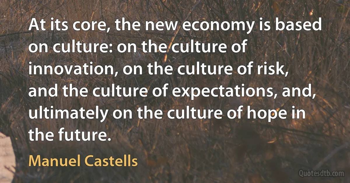 At its core, the new economy is based on culture: on the culture of innovation, on the culture of risk, and the culture of expectations, and, ultimately on the culture of hope in the future. (Manuel Castells)