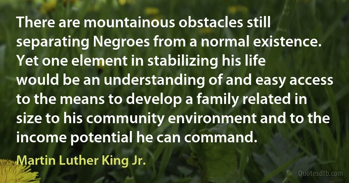 There are mountainous obstacles still separating Negroes from a normal existence. Yet one element in stabilizing his life would be an understanding of and easy access to the means to develop a family related in size to his community environment and to the income potential he can command. (Martin Luther King Jr.)