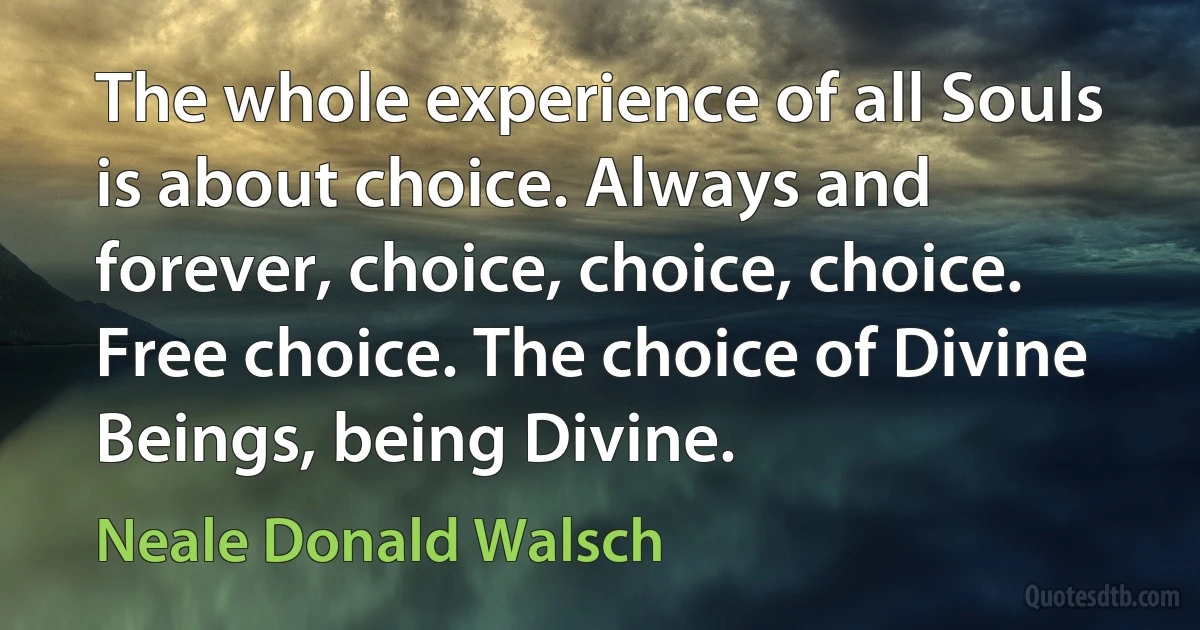 The whole experience of all Souls is about choice. Always and forever, choice, choice, choice.
Free choice. The choice of Divine Beings, being Divine. (Neale Donald Walsch)