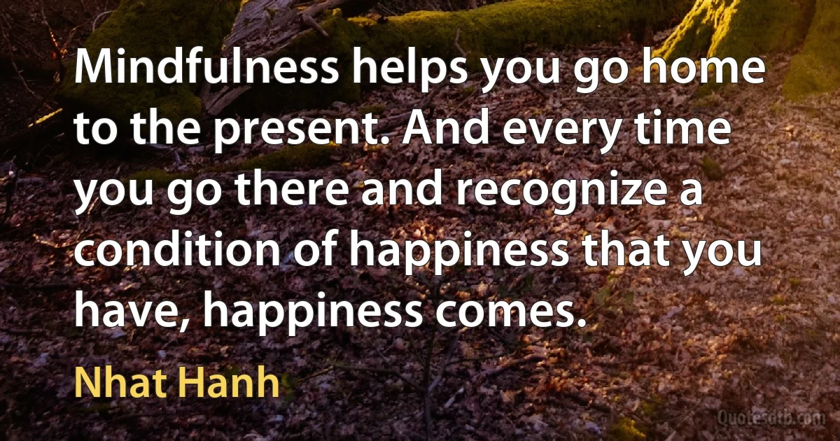 Mindfulness helps you go home to the present. And every time you go there and recognize a condition of happiness that you have, happiness comes. (Nhat Hanh)