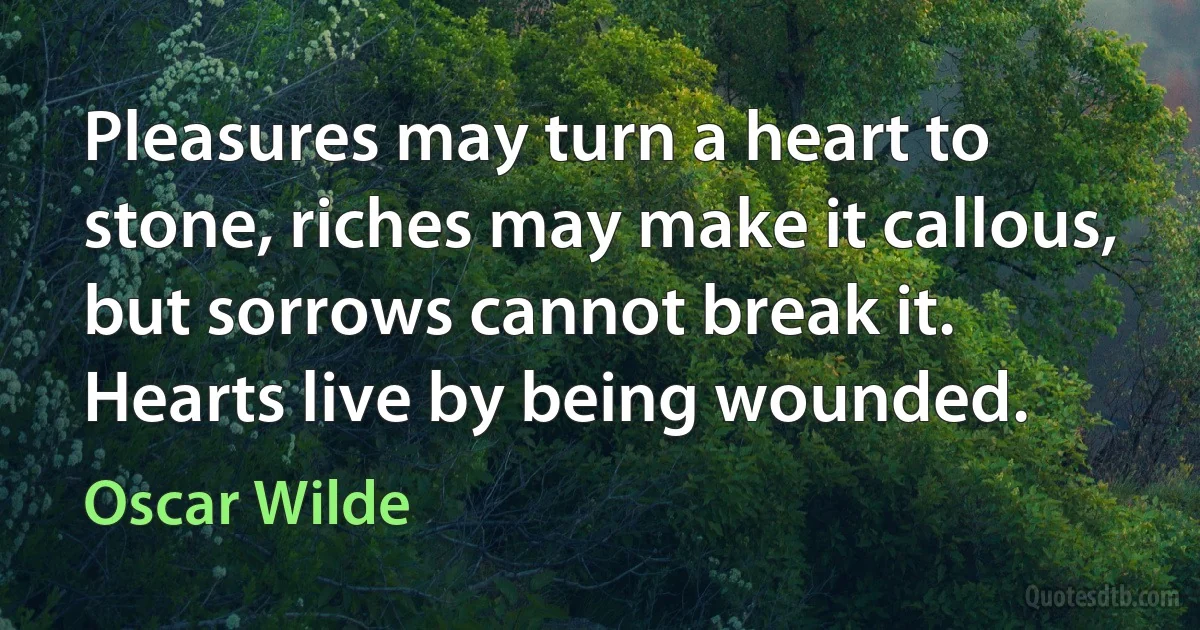 Pleasures may turn a heart to stone, riches may make it callous, but sorrows cannot break it. Hearts live by being wounded. (Oscar Wilde)