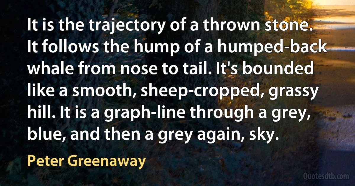 It is the trajectory of a thrown stone. It follows the hump of a humped-back whale from nose to tail. It's bounded like a smooth, sheep-cropped, grassy hill. It is a graph-line through a grey, blue, and then a grey again, sky. (Peter Greenaway)