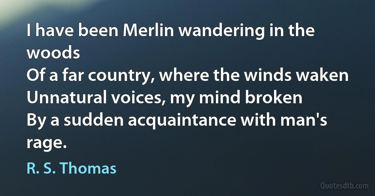 I have been Merlin wandering in the woods
Of a far country, where the winds waken
Unnatural voices, my mind broken
By a sudden acquaintance with man's rage. (R. S. Thomas)