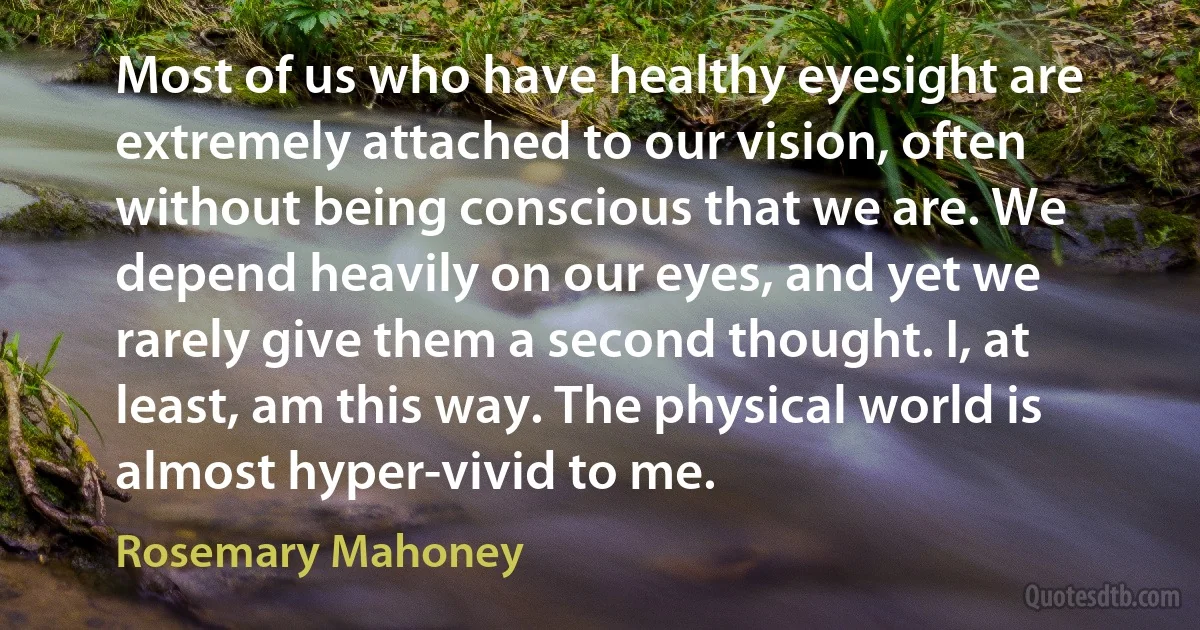 Most of us who have healthy eyesight are extremely attached to our vision, often without being conscious that we are. We depend heavily on our eyes, and yet we rarely give them a second thought. I, at least, am this way. The physical world is almost hyper-vivid to me. (Rosemary Mahoney)