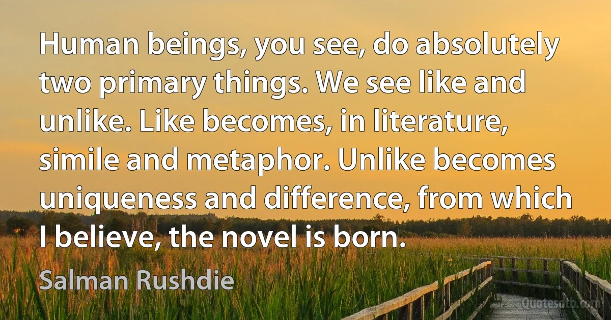 Human beings, you see, do absolutely two primary things. We see like and unlike. Like becomes, in literature, simile and metaphor. Unlike becomes uniqueness and difference, from which I believe, the novel is born. (Salman Rushdie)