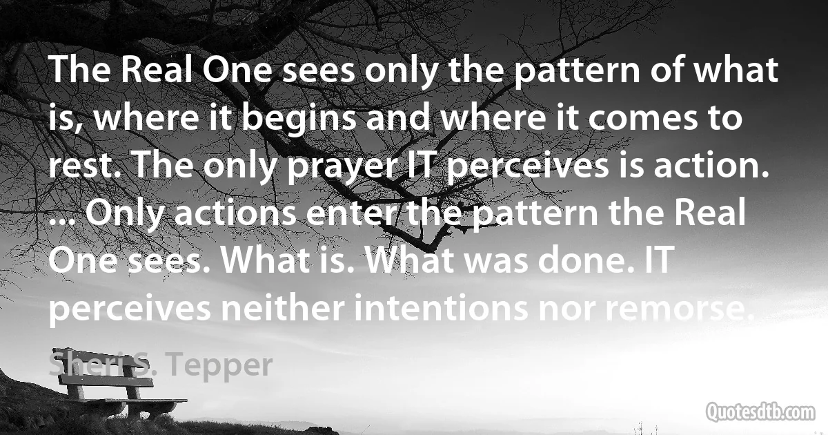 The Real One sees only the pattern of what is, where it begins and where it comes to rest. The only prayer IT perceives is action. ... Only actions enter the pattern the Real One sees. What is. What was done. IT perceives neither intentions nor remorse. (Sheri S. Tepper)