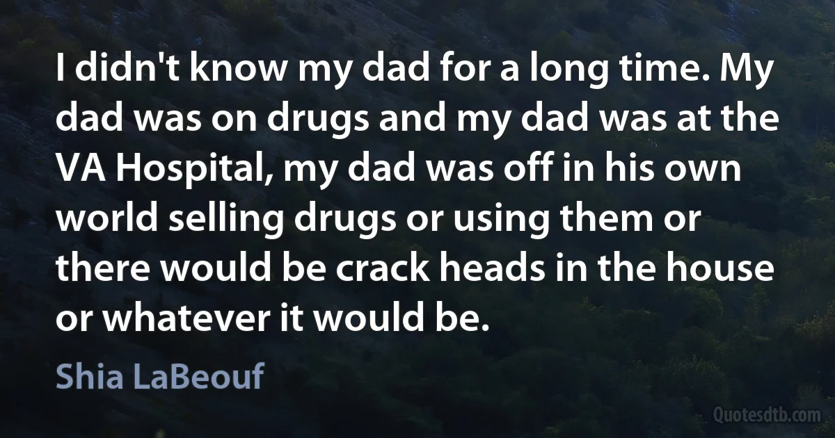 I didn't know my dad for a long time. My dad was on drugs and my dad was at the VA Hospital, my dad was off in his own world selling drugs or using them or there would be crack heads in the house or whatever it would be. (Shia LaBeouf)