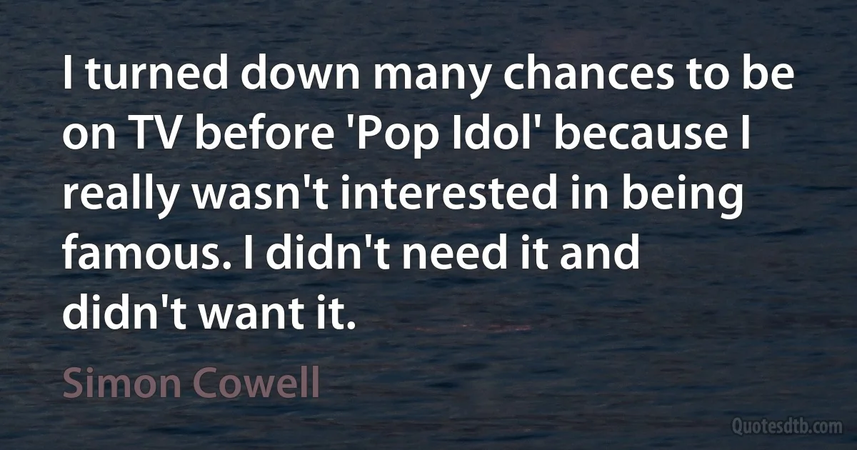 I turned down many chances to be on TV before 'Pop Idol' because I really wasn't interested in being famous. I didn't need it and didn't want it. (Simon Cowell)