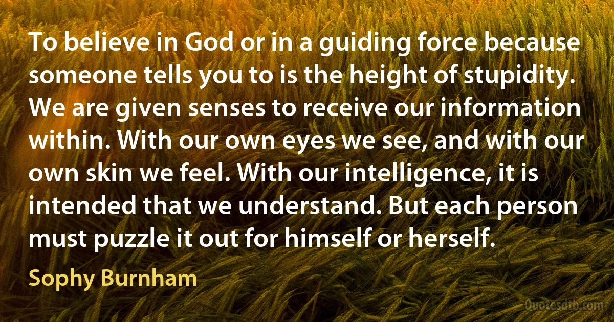 To believe in God or in a guiding force because someone tells you to is the height of stupidity. We are given senses to receive our information within. With our own eyes we see, and with our own skin we feel. With our intelligence, it is intended that we understand. But each person must puzzle it out for himself or herself. (Sophy Burnham)