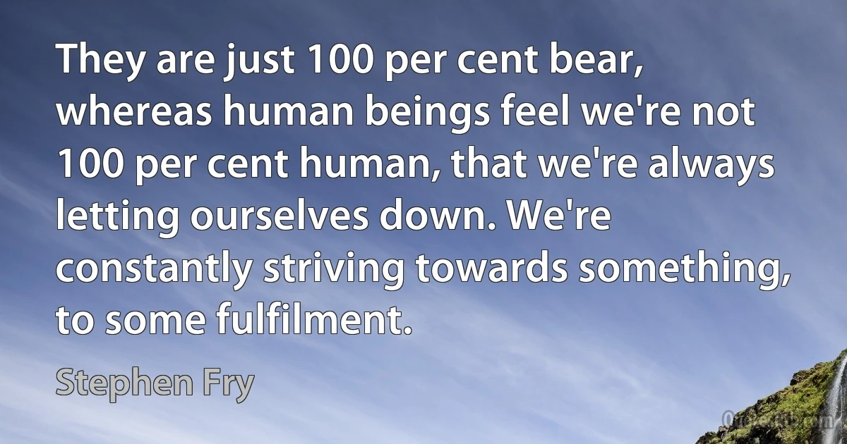 They are just 100 per cent bear, whereas human beings feel we're not 100 per cent human, that we're always letting ourselves down. We're constantly striving towards something, to some fulfilment. (Stephen Fry)