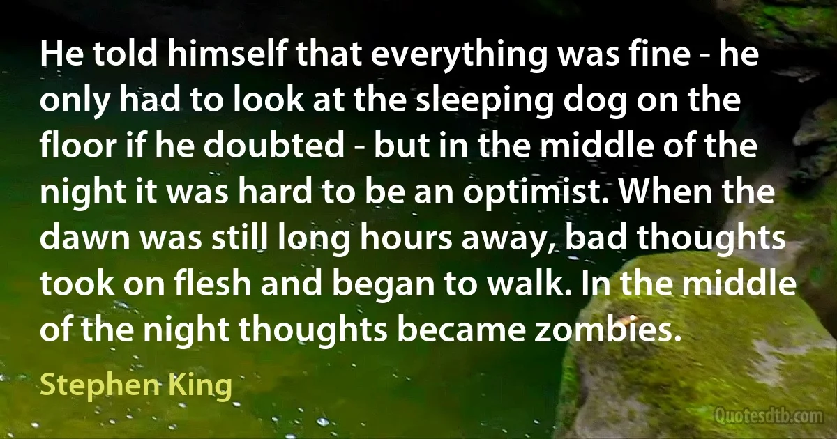 He told himself that everything was fine - he only had to look at the sleeping dog on the floor if he doubted - but in the middle of the night it was hard to be an optimist. When the dawn was still long hours away, bad thoughts took on flesh and began to walk. In the middle of the night thoughts became zombies. (Stephen King)