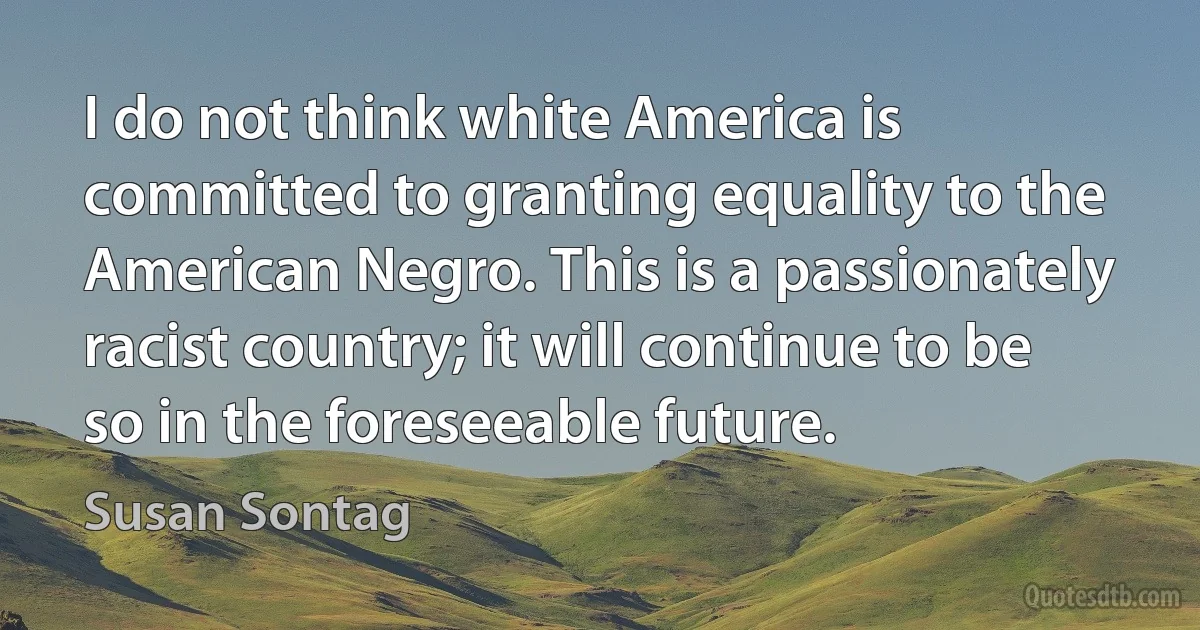 I do not think white America is committed to granting equality to the American Negro. This is a passionately racist country; it will continue to be so in the foreseeable future. (Susan Sontag)