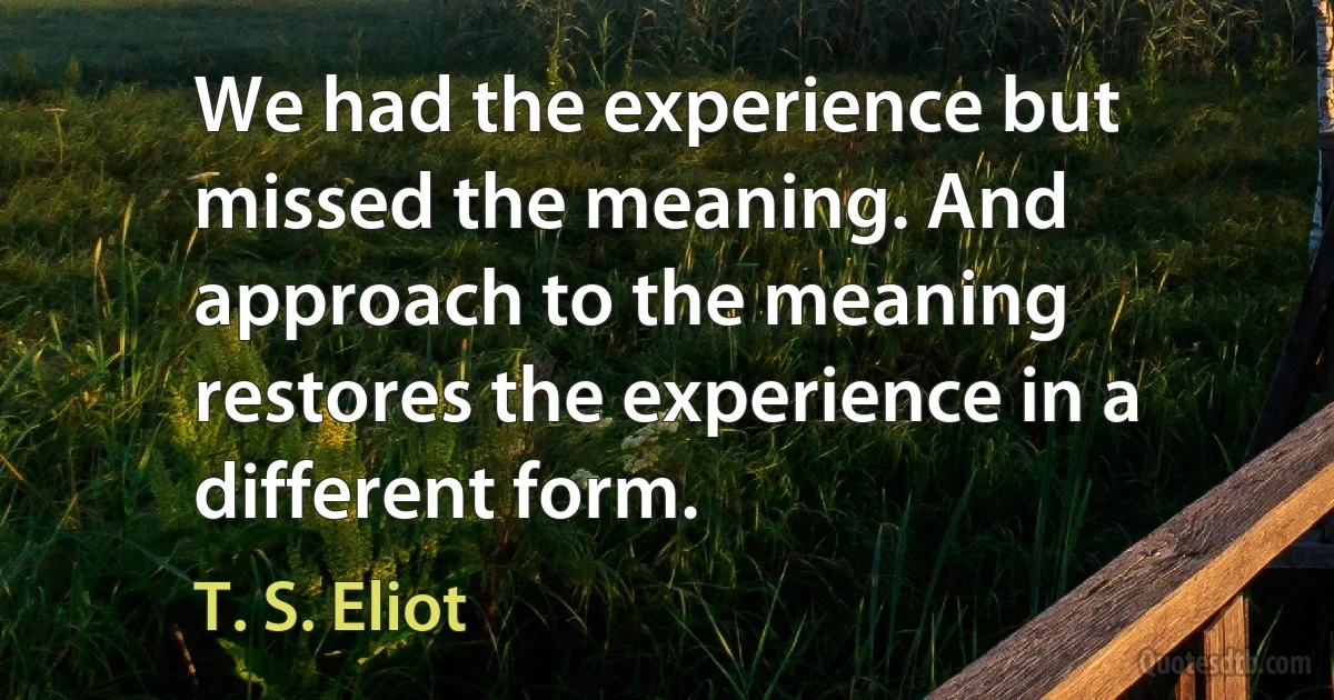 We had the experience but missed the meaning. And approach to the meaning restores the experience in a different form. (T. S. Eliot)