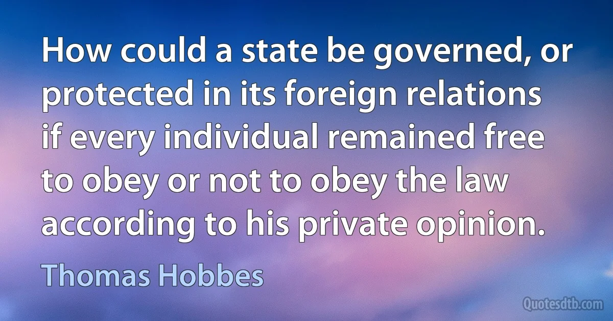 How could a state be governed, or protected in its foreign relations if every individual remained free to obey or not to obey the law according to his private opinion. (Thomas Hobbes)