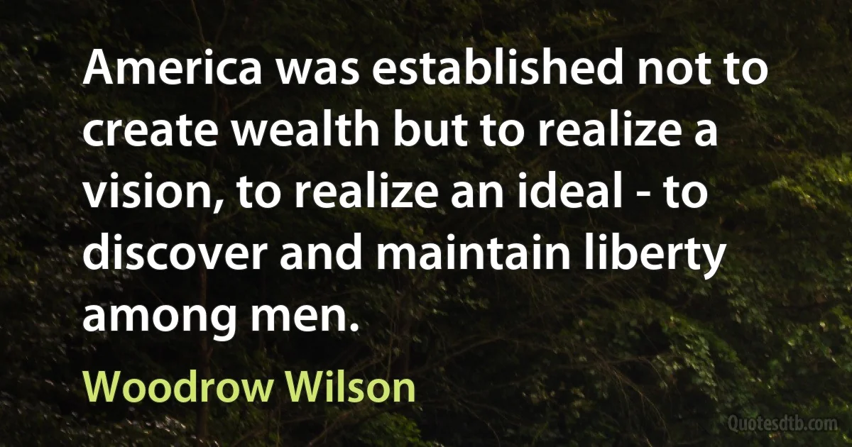 America was established not to create wealth but to realize a vision, to realize an ideal - to discover and maintain liberty among men. (Woodrow Wilson)