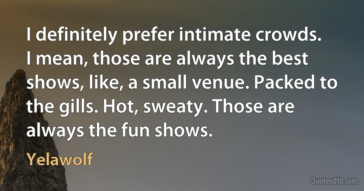 I definitely prefer intimate crowds. I mean, those are always the best shows, like, a small venue. Packed to the gills. Hot, sweaty. Those are always the fun shows. (Yelawolf)