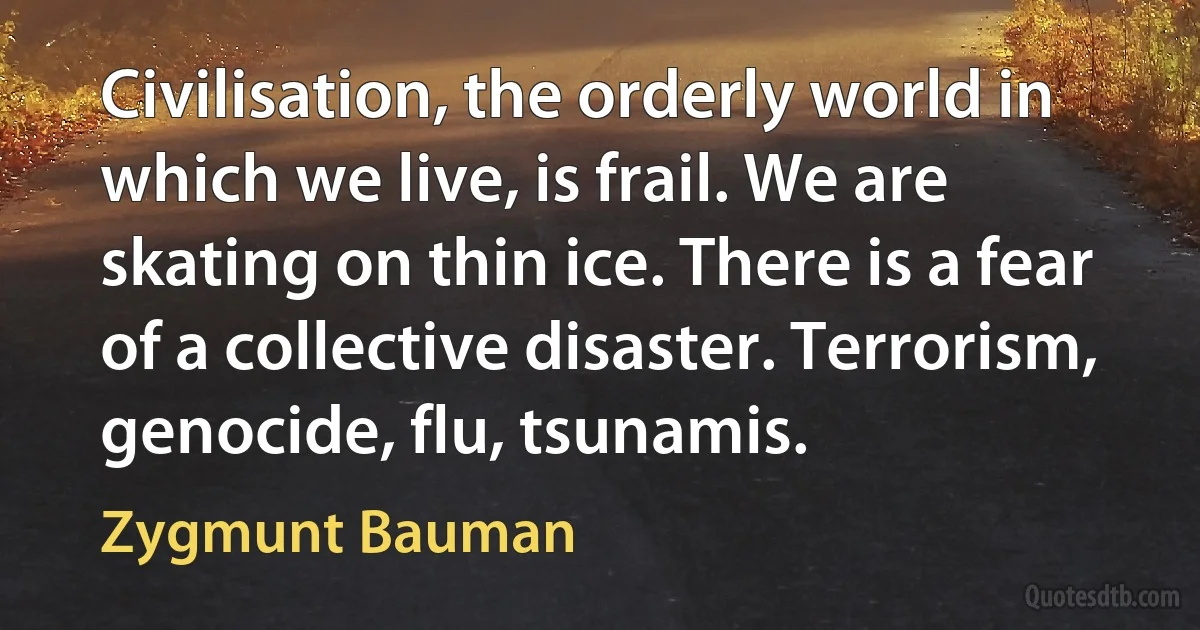 Civilisation, the orderly world in which we live, is frail. We are skating on thin ice. There is a fear of a collective disaster. Terrorism, genocide, flu, tsunamis. (Zygmunt Bauman)