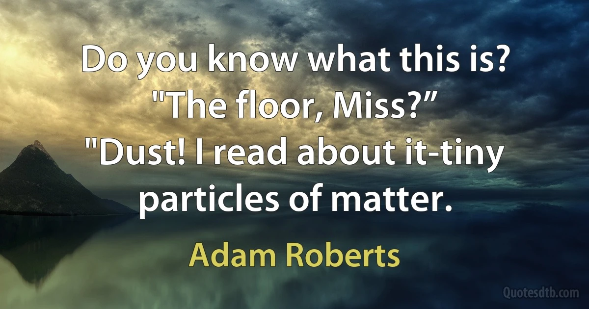 Do you know what this is?
"The floor, Miss?”
"Dust! I read about it-tiny particles of matter. (Adam Roberts)