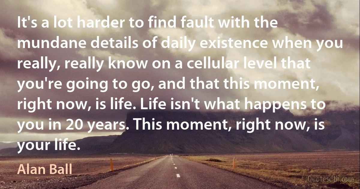 It's a lot harder to find fault with the mundane details of daily existence when you really, really know on a cellular level that you're going to go, and that this moment, right now, is life. Life isn't what happens to you in 20 years. This moment, right now, is your life. (Alan Ball)