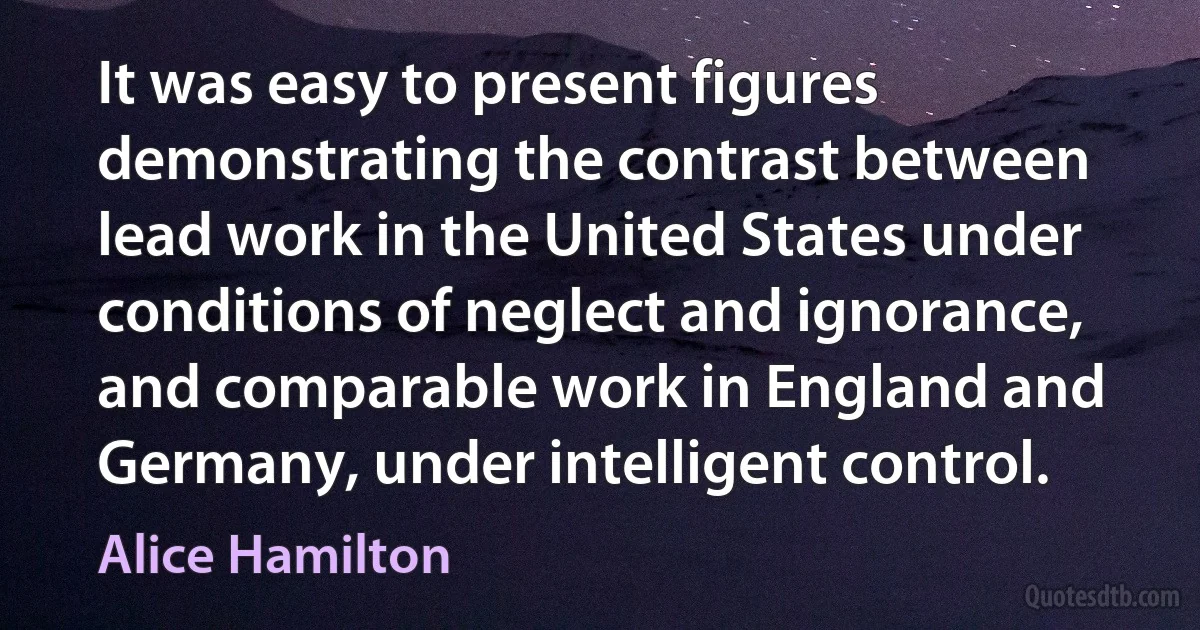 It was easy to present figures demonstrating the contrast between lead work in the United States under conditions of neglect and ignorance, and comparable work in England and Germany, under intelligent control. (Alice Hamilton)