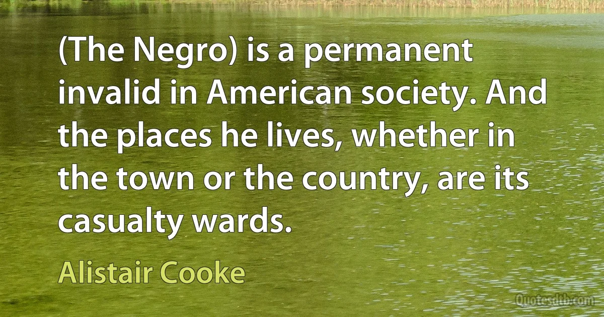 (The Negro) is a permanent invalid in American society. And the places he lives, whether in the town or the country, are its casualty wards. (Alistair Cooke)